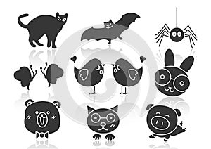 Solid icons for Dog, Bat, Pig, Spider, Bird, Butterfly, Cat, Bear, Rabbit vector illustrations