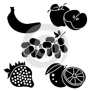 Solid icons for fruits,apple,banana,orange,grape,strawberry,vector illustrations