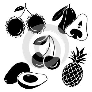 Solid icons for fruits,rambutan,avocado,cherry,pineapple,rose apple,vector illustrations