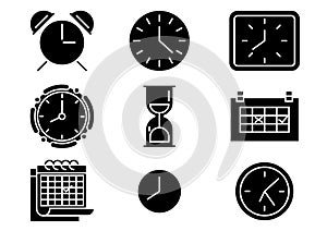 Solid icons set, Clock, Calendar, Sand clock. vector illustrations