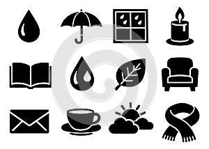 Solid icons set featuring elements of comfort, weather, and everyday objects for digital design