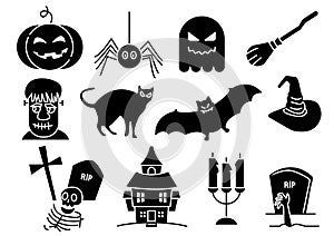 Solid icons set of Halloween,witch hat,pumpkin,ghost,witch broom,cat,bat,candle,spider,tombstone,house,zombie,Hand reaching from