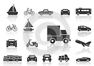 Solid icons set, transportation, Airplane, Car, Truck, Bus, Bicycle,Car front,Motorcycle,Pickup truck,Boat and shadow,vector