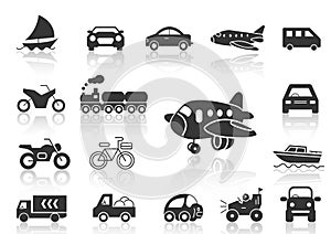 Solid icons set, transportation, Airplane, Car, Truck, Bus, Train, Bicycle,Car front,Motorcycle,Pickup truck,Boat and shadow,