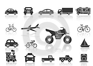 Solid icons set, transportation, Airplane, Car, Truck, Bus, Train, Bicycle,Car front,Motorcycle,Pickup truck,Boat and shadow,