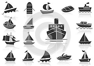 Solid icons set, transportation, Boat and shadow, vector illustrations