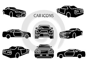 Solid icons set,transportation,Car side view,Car front,vector illustrations