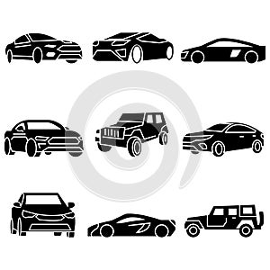 Solid icons set,transportation,Car side view,Car front,vector illustrations
