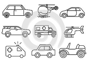 Solid icons set, transportation. Car side view. Helicopter, emergency ambulance. vector illustrations