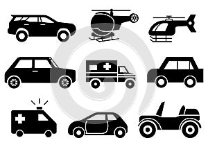 Solid icons set, transportation. Car side view. Helicopter, emergency ambulance. vector illustrations