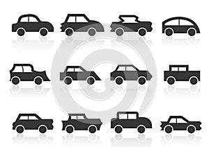 Solid icons set,transportation,Car side view and shadow, vector illustrations