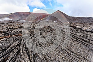 Solid lava plain near active volcano Tolbachik, Kamchatka, Russia