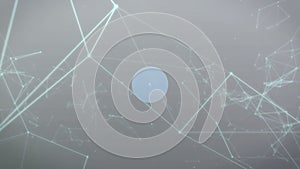 Solid light blue circle is floating in flat design technology network graph with glowing cyan nodes