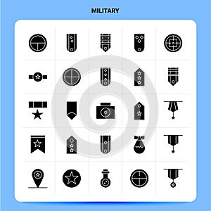 Solid 25 Military Icon set. Vector Glyph Style Design Black Icons Set. Web and Mobile Business ideas design Vector Illustration