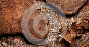 Solid oak cutting board and pine tree bark on rust metal background.