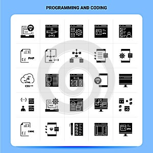 Solid 25 Programming And Coding Icon set. Vector Glyph Style Design Black Icons Set. Web and Mobile Business ideas design Vector