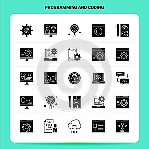 Solid 25 Programming And Coding Icon set. Vector Glyph Style Design Black Icons Set. Web and Mobile Business ideas design Vector