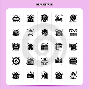 Solid 25 Real Estate Icon set. Vector Glyph Style Design Black Icons Set. Web and Mobile Business ideas design Vector Illustration