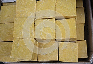 Solid soaps in different colors and flavors close-up