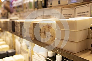 Solid soaps in different colors and flavors close-up