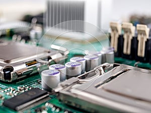 Solid-state capacitors on the motherboard of a desktop personal computer, server computer, electric batteries, computer repair, se