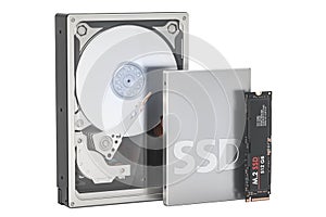 Solid state drive SSD, Hard Disk Drive HDD and M2 SSD, 3D render photo
