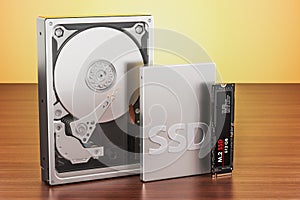 Solid state drive SSD, Hard Disk Drive HDD and M2 SSD on the woo