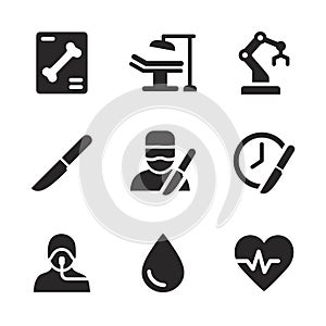 Solid surgery icon set used in medical user interfaces
