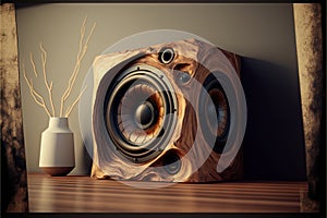 Solid wood design speaker system for home entertainment. Generative ai illustration for lovers of sound and design