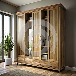 Solid wood wardrobe with mirrored doors and hidden compartments