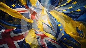 Solidarity at Eurovision: Union Jack and Ukrainian Flags. Generative AI