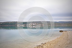 Soline town - Island Krk and beautiful Green sand Bay, Croatia . Calm Adriatic Sea. Croatian coastline. Soline bay on the island o