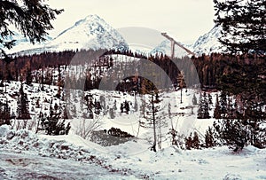 Solisko peak with springboard for ski jumping, Slovakia, retro f