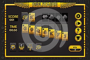 Solitaire game UI in Egyptian golden-black style. Background and buttons for game assets. Egyptian game frame photo