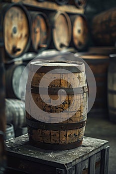 A solitary aged wooden barrel in a dimly lit wine cellar, evoking a sense of history and the aging process of wine