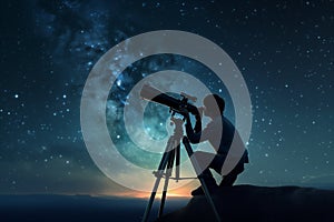 Solitary astronomer, gazing up at the night sky through a telescope. Generative AI photo
