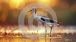 A Solitary Avocet Stands Amid Tranquil Waters, Framed by Reeds in the Soft Sunset Light