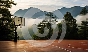 The solitary basketball court rests in the majestic mountain range