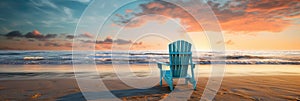 A solitary beach chair facing the ocean at sunrise, inviting relaxation and contemplation