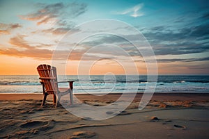 A solitary beach chair facing the ocean at sunrise, inviting relaxation and contemplation
