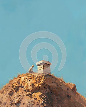 A solitary bee hive perched on a barren hill, with a beekeeper inspecting the hive against a backdrop of a clear blue sky