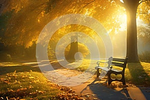 Solitary bench in autumn park with sunbeams falling through yellow trees creating soft golden mist. Generative AI illustration