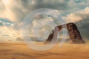 A solitary black arch stands tall amidst a sandy backdrop under a dramatic cloudy sky. Concept