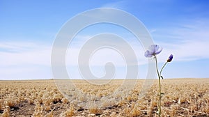 Solitary blue flower in dry country field with blue sky