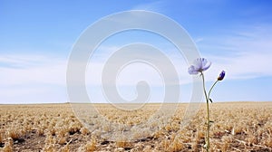 Solitary blue flower in dry country field with blue sky photo