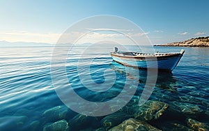 Solitary blue wooden boat floating on calm ocean waters under clear skies, representing solitude, peace, and the vastness of the