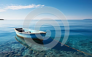 Solitary blue wooden boat floating on calm ocean waters under clear skies, representing solitude, peace, and the vastness of the