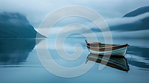 Solitary Boat Adrift in Norway's Fjords. Captivating Landscape