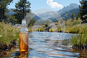 a solitary bottle floating in a mountain reservoir, capturing the serene beauty and environmental impact photo