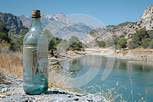 a solitary bottle floating in a mountain reservoir, capturing the serene beauty and environmental impact photo